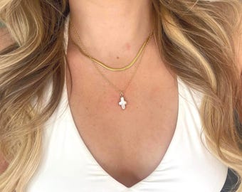 Gold Filled Pearl Cross Necklace - Cross Shaped Pearl Necklace - Dainty Cross Necklace - Freshwater Pearl Pendant on Dainty Chain