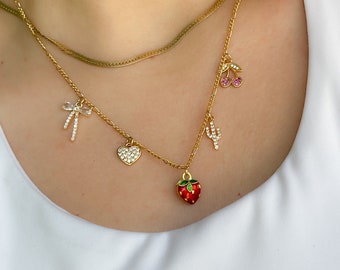 Customizable Charm Necklace - Strawberry Charm - Bow Charm - Cherry Charm Necklace - 14k Gold Filled