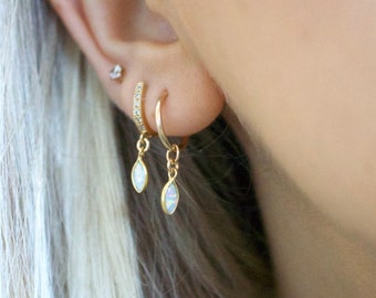 White Opal Huggie Hoops • Dainty Opal Earrings • Minimalist Gold Filled Opal Jewelry