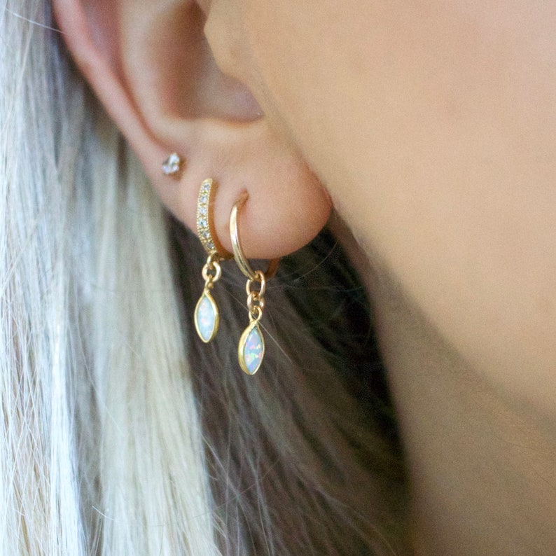 Opal Earrings Opal Hoops Opal Huggie Earrings Dainty Etsy