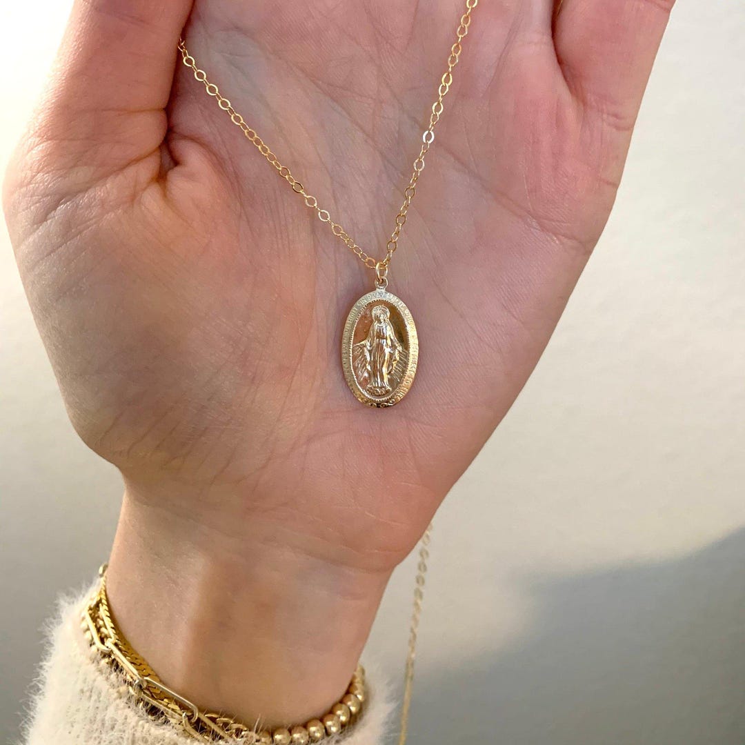 14k Gold Virgin Mary Coin Necklace – Catholic Saint Pendant – Religious ...