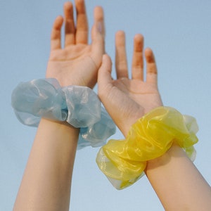 Organza hair ties Handmade hair elastic band Hair accessories Set of Blue Yellow scrunchies image 3