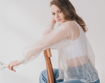 Chemise victorienne, Chemisier blanc, Chemisier en organza, Chemise de fête de mariée, Chemisier à manches bouffantes, Manches longues volumineuses Alternative à la robe de mariée