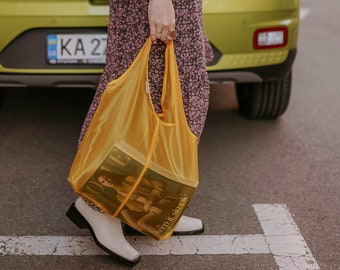 Wiederverwendbare Organza-Einkaufstasche, gelbe Hobo-Tasche, vegane Einkaufstasche, süße Einkaufstasche, Canvas-Tasche, Trick or Treat-Tasche