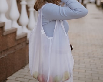 Organza-Einkaufstasche, Duffle-Tasche, weiße Einkaufstasche, transparenter Shopper, Geschenktasche, Stoff-Umhängetasche