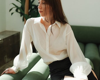 Silk Blouse with Puff long sleeves Slouse Victorian Shirt Sheer Blouse Peasant Blouse Women's shirt of a straight cut