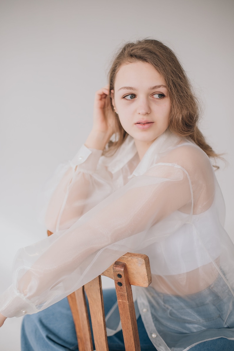 Victorian shirt, White blouse, Organza blouse, Bridal party shirts, Puff sleeve blouse, Voluminous long sleeves Wedding dress alternative image 2