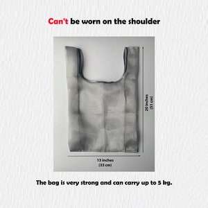 May include: A gray mesh bag with black trim. The bag is 20 inches tall and 13 inches wide. The text on the image reads: 'Can't be worn on the shoulder', '20 inches (51 cm)', '13 inches (33 cm)', and 'The bag is very strong and can carry up to 5 kg.'