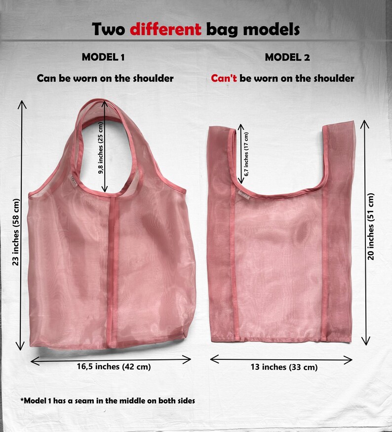May include: Two different styles of pink mesh bags. The first bag is 23 inches tall and 16.5 inches wide. It can be worn on the shoulder. The second bag is 20 inches tall and 13 inches wide. It cannot be worn on the shoulder. *Model 1 has a seam in the middle on both sides*