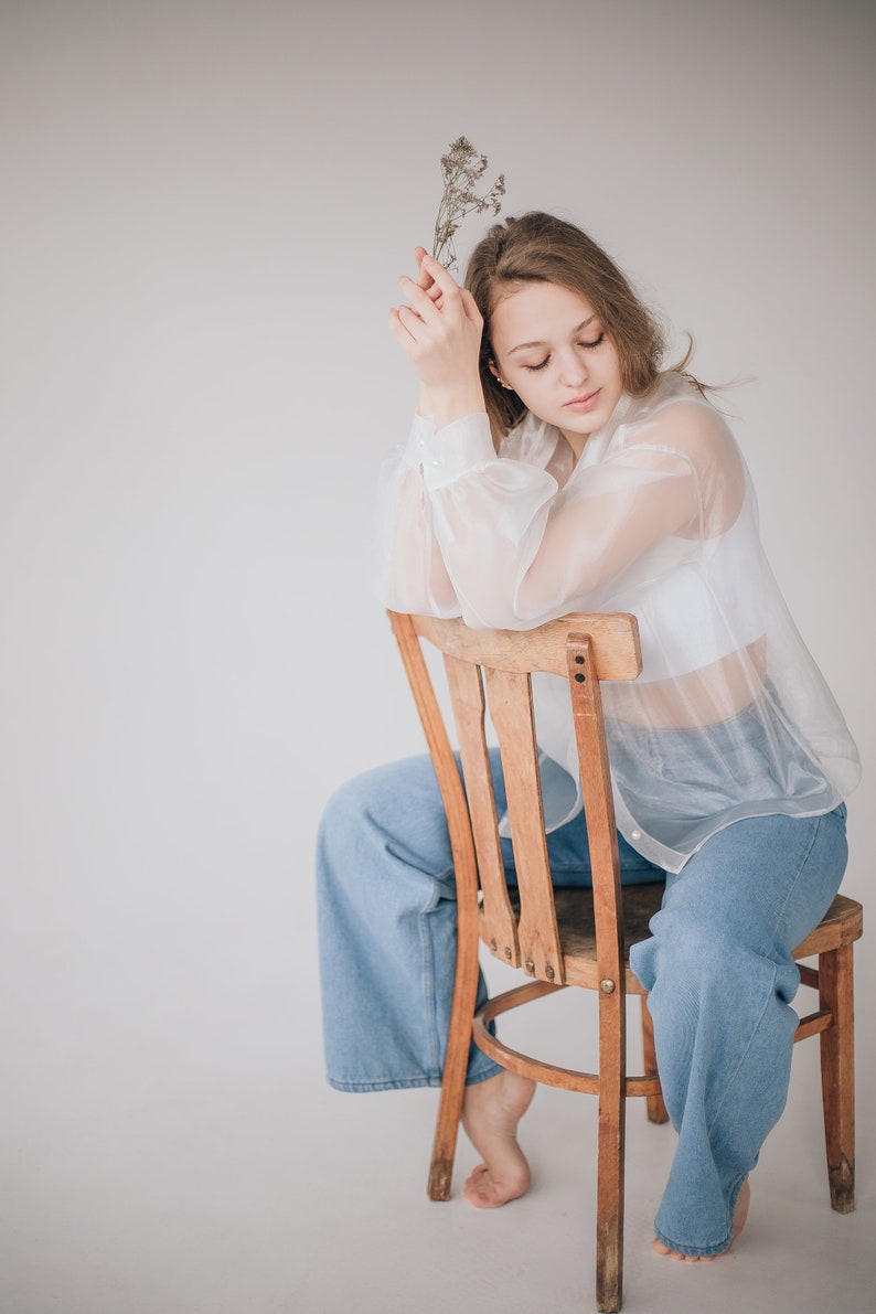 Victorian shirt, White blouse, Organza blouse, Bridal party shirts, Puff sleeve blouse, Voluminous long sleeves Wedding dress alternative image 3