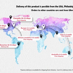May include: Watercolor world map with delivery information. Text indicates shipping times to various regions: USA, Canada, Europe, South America, Africa, Asia, and Australia. The map is in shades of blue, purple, and pink.