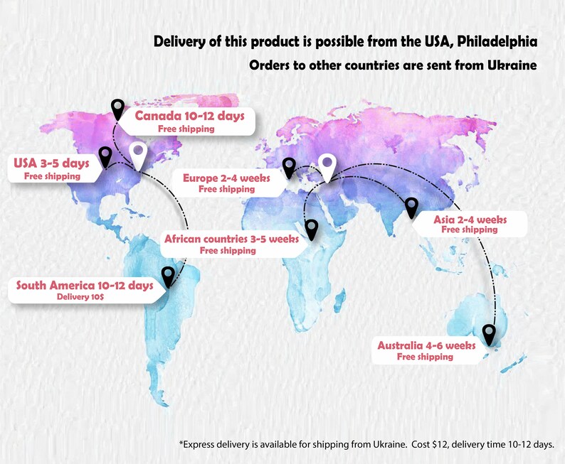 May include: Watercolor world map with delivery information. Text indicates shipping times to various regions: USA, Canada, Europe, South America, Africa, Asia, and Australia. The map is in shades of blue, purple, and pink.