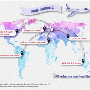 May include: A watercolor world map with a purple and blue color scheme. The map shows shipping times to different countries, including Canada, USA, Europe, South America, Asia, Africa, and Australia. The text 'FREE SHIPPING' is displayed in a banner above the map. The text 'All orders are sent from Ukraine' is displayed below the map. The text '*Free shipping applies to all countries except Germany. Delivery cost to Germany 125**Delivery time may vary. We are not responsible for customs delays.' is displayed below the map.