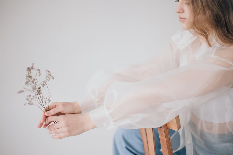 Victorian shirt, White blouse, Organza blouse, Bridal party shirts, Puff sleeve blouse, Voluminous long sleeves Wedding dress alternative image 8