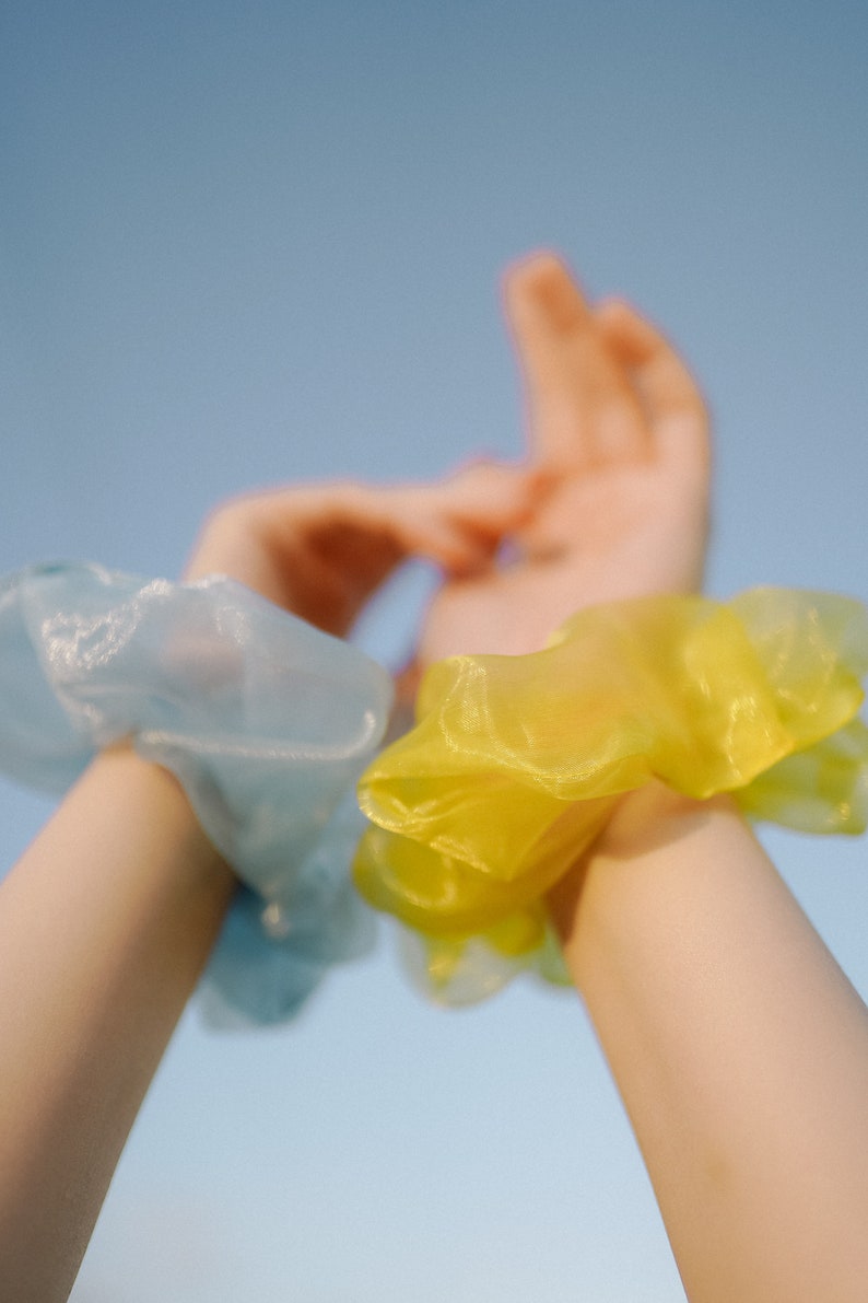 Organza hair ties Handmade hair elastic band Hair accessories Set of Blue Yellow scrunchies image 5