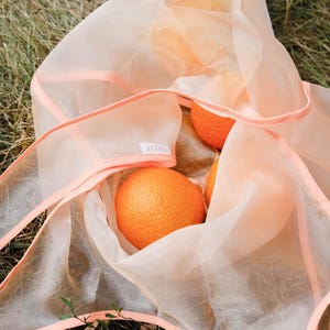 May include: A peach-colored mesh produce bag with three oranges inside. The bag has a pink trim around the edges.