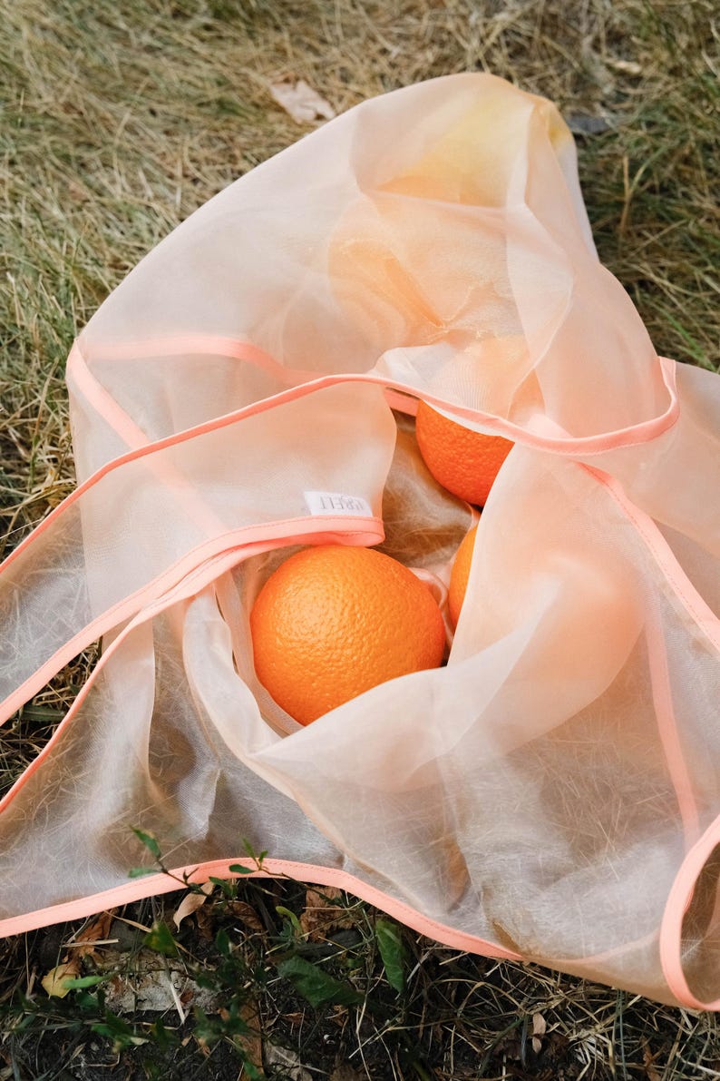May include: A peach-colored mesh produce bag with three oranges inside. The bag has a pink trim around the edges.