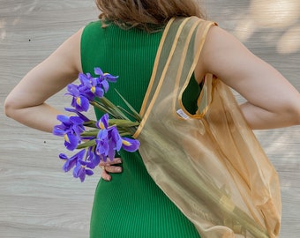 Grocery bag, Tote bag aesthetic, Flower tote bag, Market bag, Organza shopper