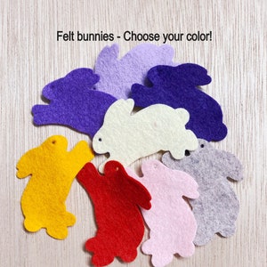 May include: Felt bunnies in various colors, including purple, white, yellow, red, pink, and gray.  Felt bunnies - Choose your color!