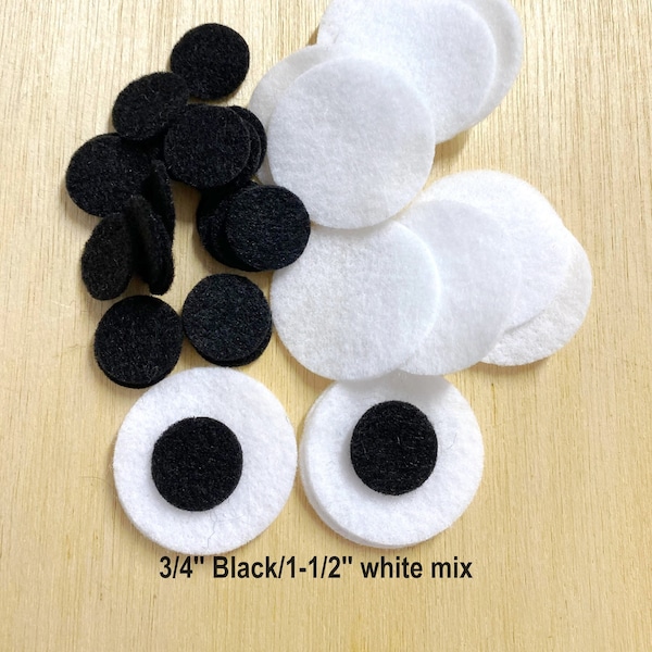 Felt eyes, die cut circles, 3/4'' and 1-1/2'' amigurumi eyes, black, white, craft supplies, stuffed animal eyes, doll eyes, 40 or 80 mix