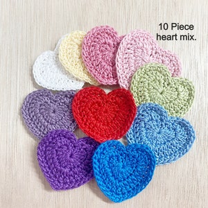 Crochet hearts, 2-1/4'' wide x 2'' tall, 10 piece mix, handmade, THICK cotton thread, sewing, craft supplies, patch, 10A