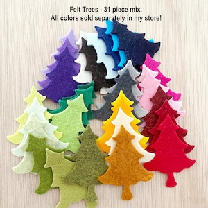 Small felt tree, mix, Christmas, holiday, die cut, xmas, shapes and forms, scrapbook, evergreen patch, card making, 31 pieces