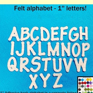 May include: A full alphabet of white felt letters on a bright blue background. Each letter is approximately 1 inch tall. The letters are available in a variety of colors.