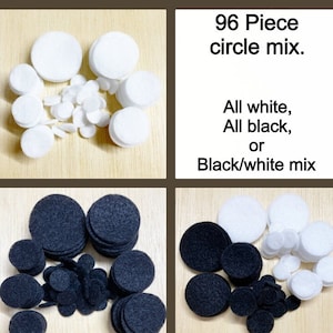 96 Felt circle mix, die cut, felt circle cut outs, assorted size circles, black, white,  white is polyester, all other colors are wool blend