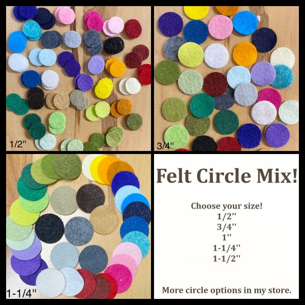 Felt circle mix, READY TO SHIP, quilting, doll animal eyes, sewing and fiber, applique, embellishment, 1/2 inch 3/4 inch, 1 inch felt circle