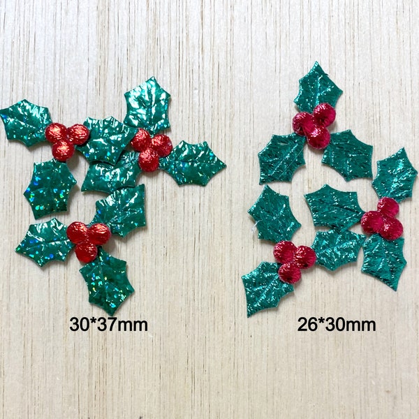 Silky holly leaves, holly with berries, fabric like holly, craft supplies, Christmas, appliques and patches, sewing, card making, 2 sizes