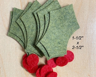 8 Felt holly leaves with berries, 20 pieces, Christmas shapes, scrapbook, card making, wool blend felt, craft supplies, holiday, wreath diy