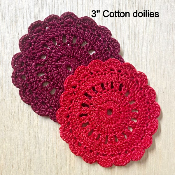 3'' Red doilies, READY TO SHIP, 2 pieces, crochet, cotton thread, handmade, 3'' round doily, dollhouse, lace, applique, small doily, C34