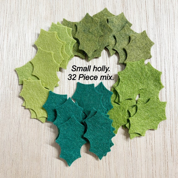 Small holly leaves, 32 piece mix, die cut, olive green holly, wool blend felt, 1'' x 1-11/16 inch, craft supplies, scrapbook, wreath making