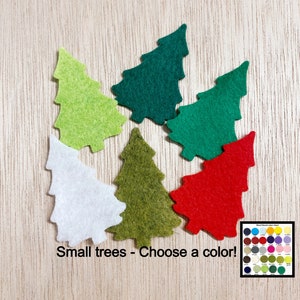 May include: Six felt Christmas tree shapes in various colors: green, red, white, light green, dark green, and olive green.  Small trees - Choose a color!