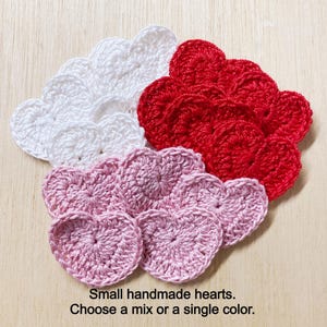 Red crochet hearts, small, 1-3/4'' wide x 1-1/2'' tall, READY TO SHIP, handmade, thick cotton thread, mix or single color, pink heart, white