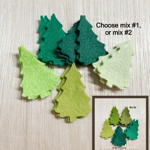 May include: A set of 20 felt Christmas tree shapes in various shades of green. Choose mix #1 or mix #2. Mix #2 includes 4 each of olive, medium olive, dark olive, green, and dark green.