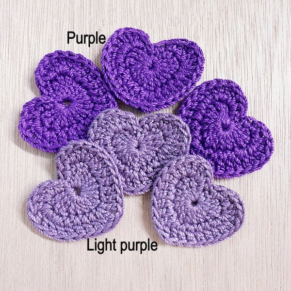 Purple crochet hearts, small, handmade, THICK cotton thread, light purple, orchid, ready to ship, 1-3/4” wide x 1-1/2'' tall, 10 pieces