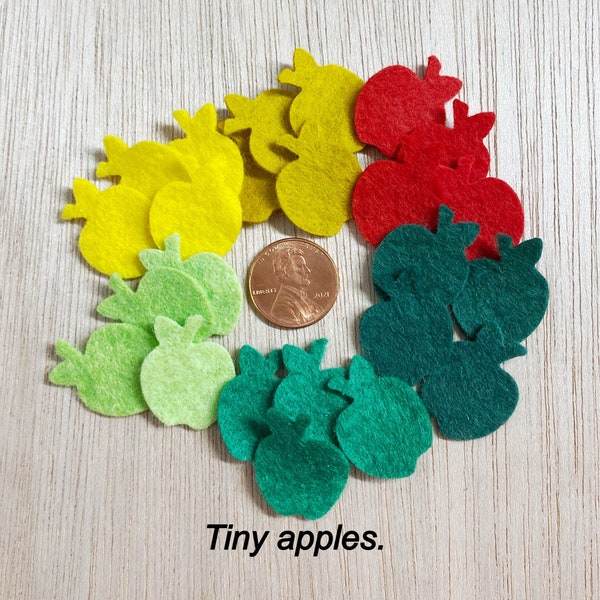 21 Tiny felt apple mix, die cut apple, cut outs, fruit, sewing & fiber, crafts, 1'' tall x 3/4'' wide, small apples, red, green, lime green