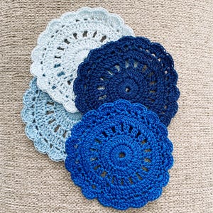 Blue doilies, READY TO SHIP, crochet, cotton thread, handmade, 3 - 3-1/4 inches, round doily, dollhouse,  applique, 1, 2, or 4 pieces, C34
