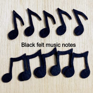 10 Black felt music notes, eighth note, double eighth note, 10 mix, wool blend, scrapbooking, school, music craft supplies