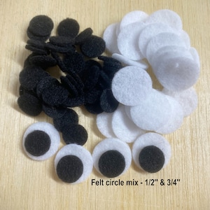 Felt circles, READY to SHIP, 1/2&#39;&#39;, 3/4&#39;&#39;, felt eyes, stuffed doll eyes, craft supplies, Polyester felt NOT wool blend