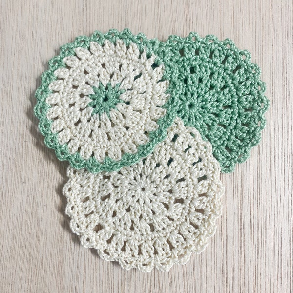 Crochet doily, choose color, cotton coaster, THICK cotton thread, green, ivory, 2 pieces, 3-3/4 inch, round, handmade, dollhouse rug, C36