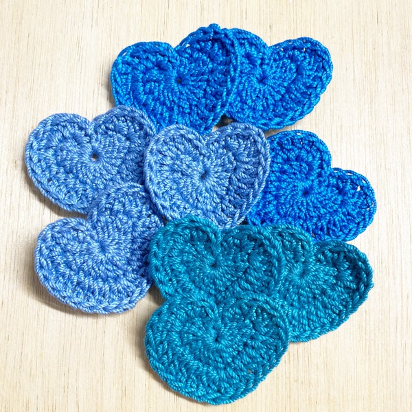 Blue crochet hearts, small, READY to SHIP, handmade, THICK cotton thread, ready to ship, 1-3/4” wide x 1-1/2'' tall, 10 pieces