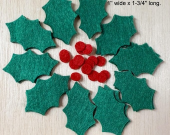 Small felt holly, felt leaves, green, wool blend, craft supplies, holiday scrapbook, wreath making, 1'' wide