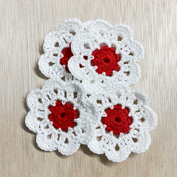 3'' Red doily, THICK cotton thread, ready to ship, sunflower doily, home decor, applique, dollhouse, handmade, doll accessory, 2 pieces