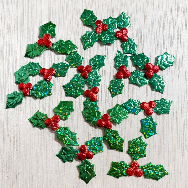 Holly applique, silky, 20 or 40,  metallic look, Christmas crafts, green holly leaves with berries, shiny, 1-5/8'' at widest point