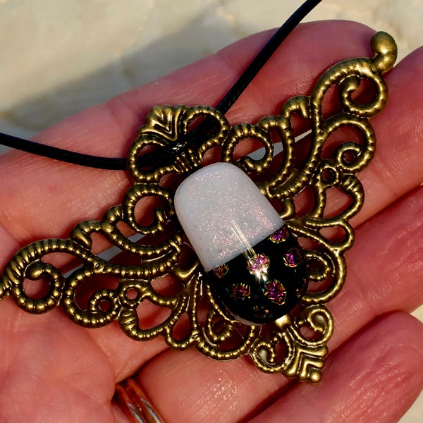 Lavender and Multi Colored Dots, Dichroic Glass Steampunk / Renaissance Necklace, 19" cord. 240310-11