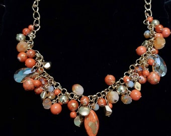 Vintage Goldtone Mixed Mesh Chains and PeachLight Orange Beaded Braided Necklace