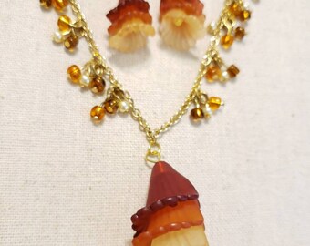 Vintage Goldtone Mixed Mesh Chains and PeachLight Orange Beaded Braided Necklace