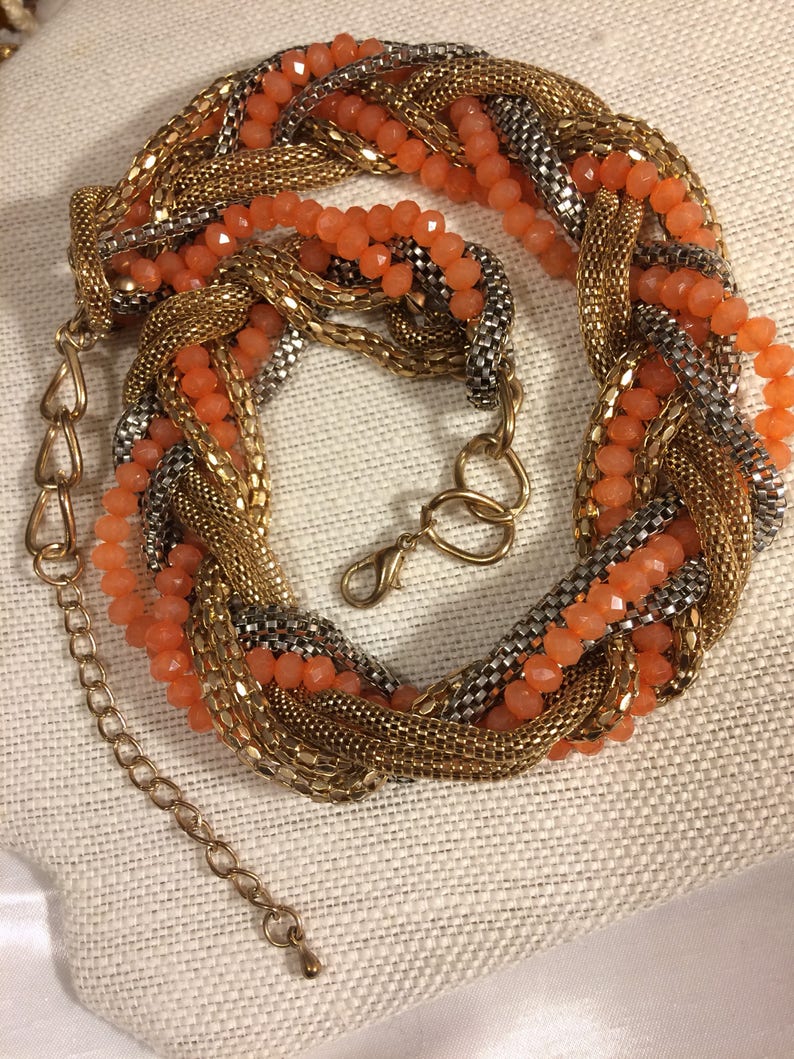 Vintage Goldtone Mixed Mesh Chains and PeachLight Orange Beaded Braided Necklace
